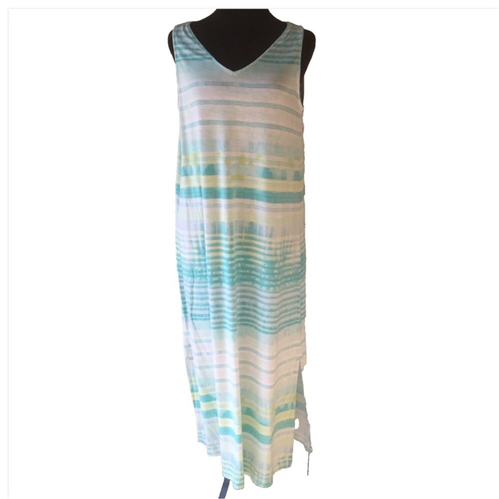 J.Jill Jersey Knit Sleeveless Blue/Green & White Striped V-Neck Maxi Dress
